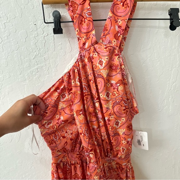 Outerknown Pink Orange Ruffle Tier High Neck Split Strap Maxi Dress Floral Sz 2 - Picture 3 of 8